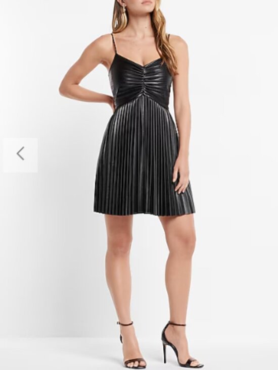 Express Dresses & Skirts - Express Faux Leather V-Neck Pleated Fit And Flare Mini Little Black Dress.